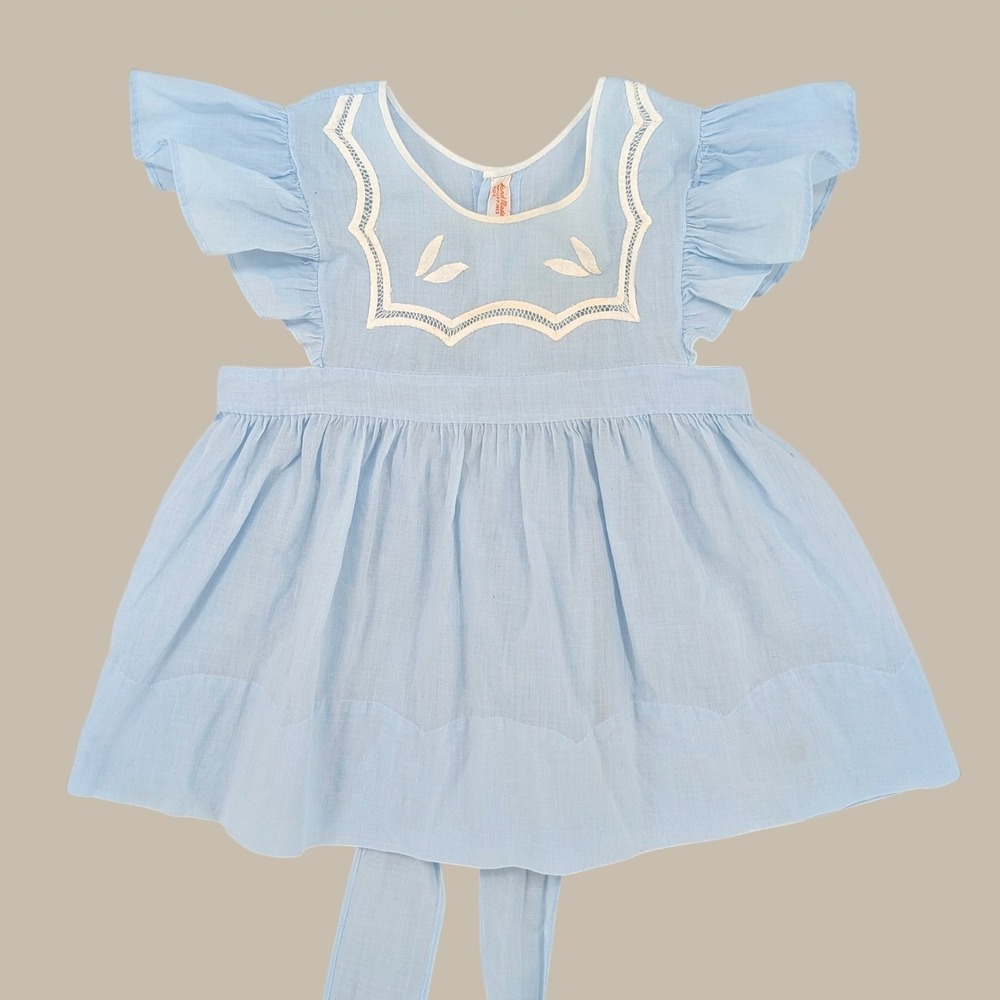 Vintage Hand Made Blue Baby Dress Ruffle Sleeve Tie Back Heirloom‎